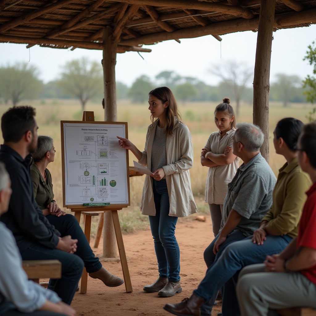 Grupo de personas reunidas al aire libre en un encuentro informativo rural sobre energías renovables