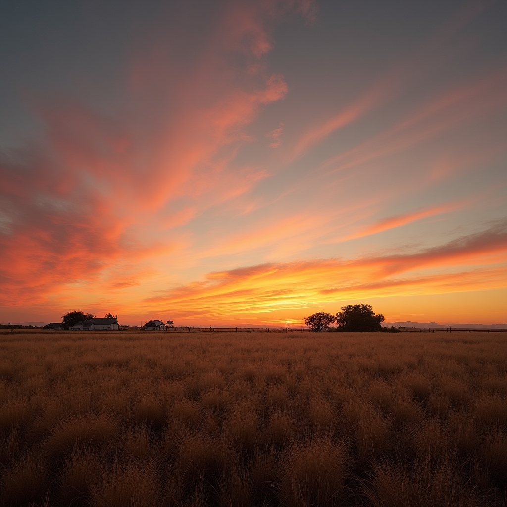 Campo patagónico al atardecer con un establecimiento rural en el horizonte, cielo cálido y despejado