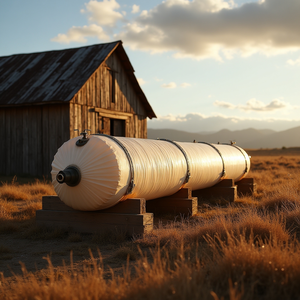 Biodigestor doméstico instalado junto a un galpón rural en la Patagonia argentina