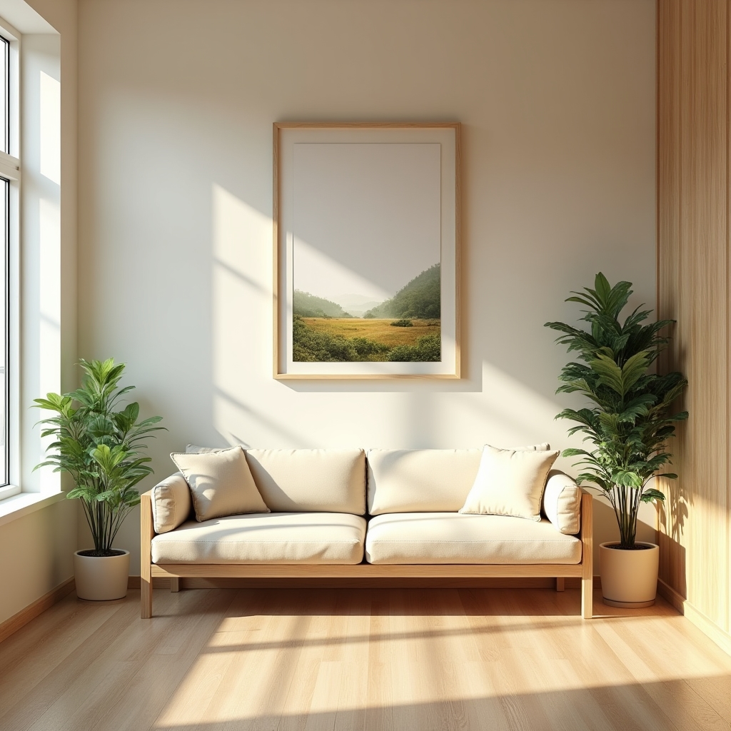 Recepción de oficina con plantas, mobiliario claro y luz natural entrando por ventanales